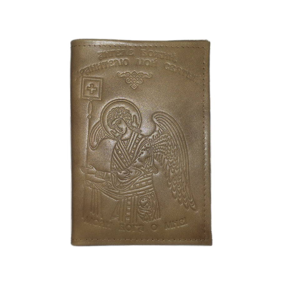 8101Ан Обложка для паспорта из кожи с тиснением Ангела-хранителя (коричневая)